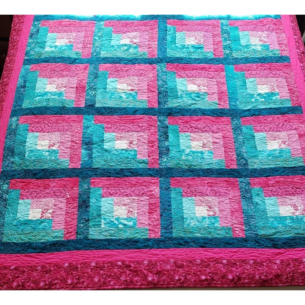 Log Cabin Quilt, Bright, Modern, Traditional Pattern, Sofa Quilt Blanket Throw